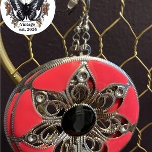 Vintage Pink and Black Floral Earrings